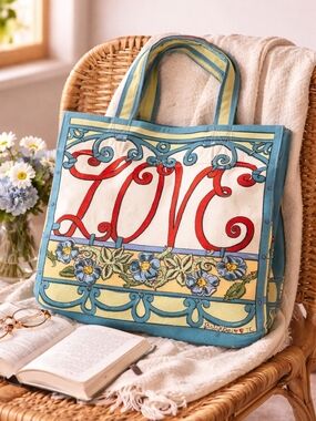Brighton LOVE Floral Canvas Tote in Blue, Yellow and Red Everyday Bag